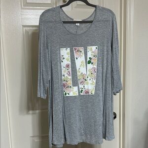 Misia Heather Gray Floral Graphic Tunic Soft Night Shirt PJ Top Size Large